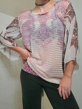 purple and white top